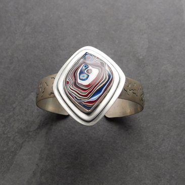 Fordite Modernist Cuff, Oxidized Sterling Silver, Detroit Fordite Bracelet