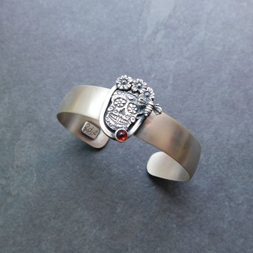 Sterling Silver Sugar Skull Floral Garnet Cuff Bracelet, Day Of The Dead Jewelry