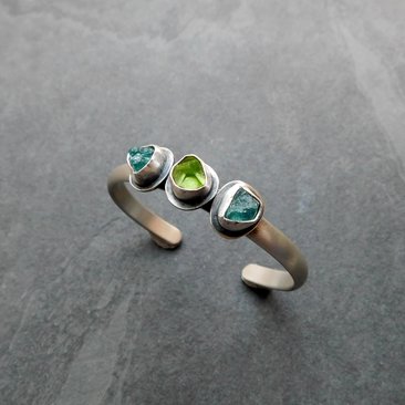 Teal Blue Apatite Lime Green Peridot Natural Crystal Sterling Silver Cuff Bracelet