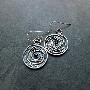 Tiny Wire Chaos Black Spinel Sterling Silver Swirl Earrings