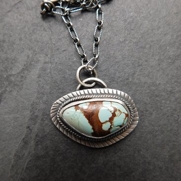 Number 8 Natural Turquoise Sterling Silver Stamped Pendant Necklace