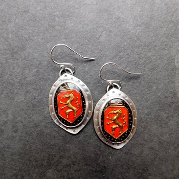 Vintage Red Black Bronze Dragon Glass Stone Sterling Silver Earrings