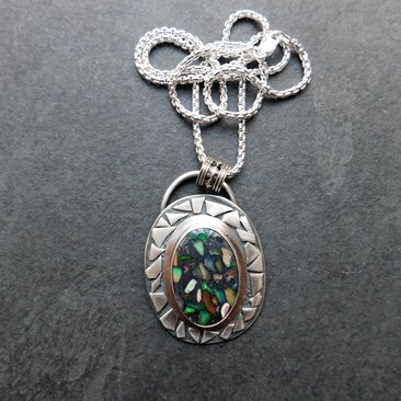 Ethiopian Opal Mosaic Stone Sterling Silver Modernist Pendant, Welo Opal Mosaic Design Necklace