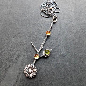 Citrine Peridot Sterling Silver Long Stem Sunflower Pendant Necklace