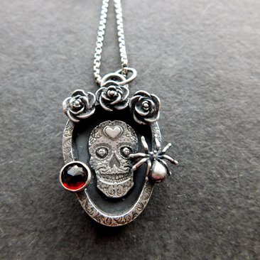 Sugar Skull Roses Spider Red Garnet Gemstone Sterling Silver Pendant Necklace