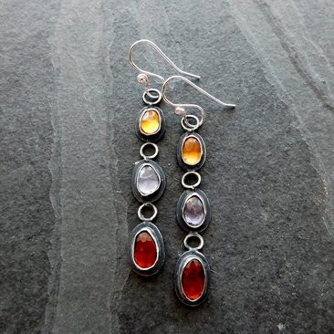 Citrine Iolite Garnet Multi Stone Oxidized Sterling Silver Long Gemstone Dangle Earrings