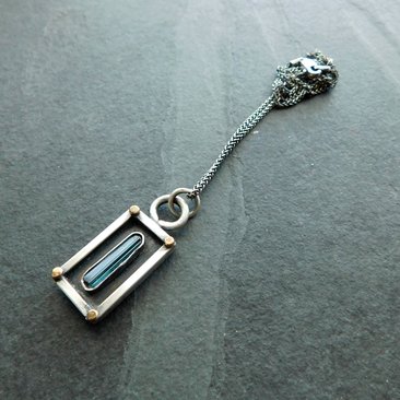 Indicolite Tourmaline Raw Crystal Mineral Oxidized Sterling Silver 14K Gold Mixed Metal Pendant Necklace