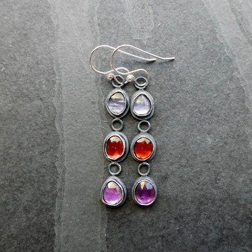Iolite Garnet Amethyst Multi Stone Oxidized Sterling Silver Long Gemstone Dangle Earrings