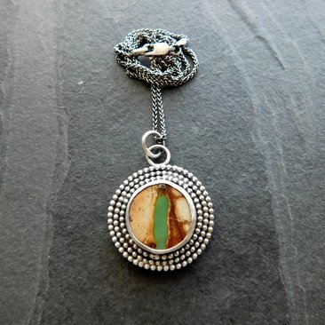 Green Royston Ribbon American Turquoise Sterling Silver Bead Trim Pendant Necklace