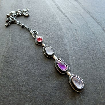 Long Gemstone Dangle Oxidized Sterling Silver Pendant Dark Pink Tourmaline Iolite Amethyst Multi Stone Necklace