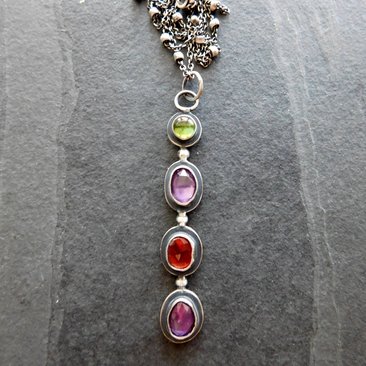 Long Gemstone Dangle Oxidized Sterling Silver Pendant Green Tourmaline Amethyst Garnet Multi Stone Necklace