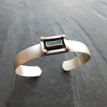 Aquamarine Raw Crystal Oxidized Sterling Silver 14K Gold Dot Mixed Metal Cuff Bracelet