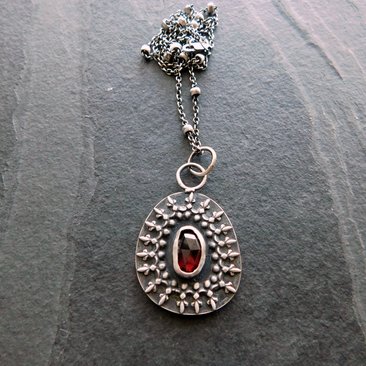 Deep Red Garnet Oxidized Sterling Silver Ornate Wire Pendant Necklace