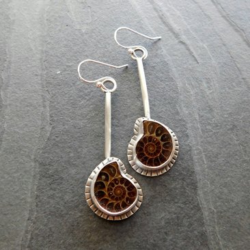 Natural Ammonite Stone Stamped Sterling Silver Long Swing Dangle Earrings