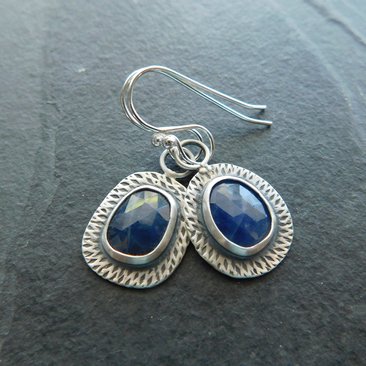 Royal Blue Sapphire Sterling Silver Stamped Textured Mismatched Dangle Earrings
