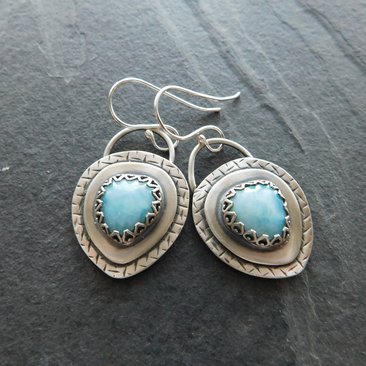Larimar Layered Criss Cross Pattern Sterling Silver Earrings, Baby Blue Stone Textured Dangles
