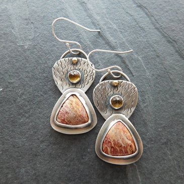 Petrified Fern Citrine Earrings, Oxidized Sterling Silver, Hand Stamped, 14K Gold Mixed Metals, Multi Stone, Earth Tones