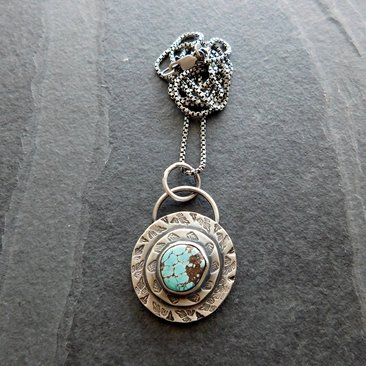 Hubei Turquoise Stamped Sterling Silver Pendant, Modern Southwestern Jewelry, Hand Fabricated Turquoise Necklace