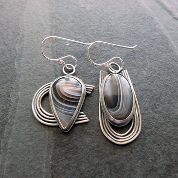 Brown Grey Botswana Agate Sterling Silver Mismatched Earrings