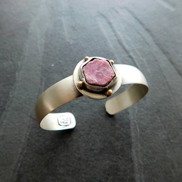 Raw Ruby Mineral Sterling Silver 14K Gold Cuff, Crystal Jewelry, Natural Ruby Statement Bracelet
