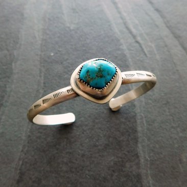 Kingman Turquoise Nugget Cuff, Oxidized Sterling Silver, American Turquoise Nugget Stamped Bracelet, Modern Southwest Design