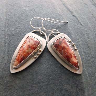 Petrified Fern Fall Color Stone Sterling Silver 14k Gold Earrings, Mixed Metal Orange Red Stone Dangles