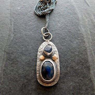 Blue Sapphire Rough Nugget Rose Cut Multi Stone Sterling Silver Concrete Texture 14K Gold Mixed Metal Pendant Necklace