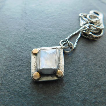 Faceted Rainbow Moonstone Hammered Texture Sterling Silver 14K Gold Mixed Metal Pendant Necklace