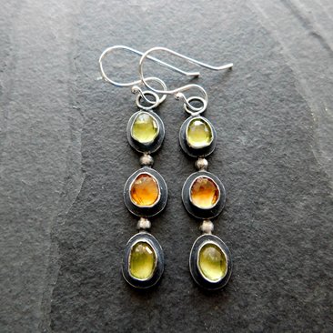 Peridot Citrine Multi Stone Dark Patina Oxidized Sterling Silver Long Gemstone Dangle Earrings