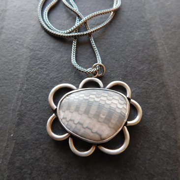 Fossil Clam Shell Scalloped Edge Oxidized Sterling Silver Pendant Necklace