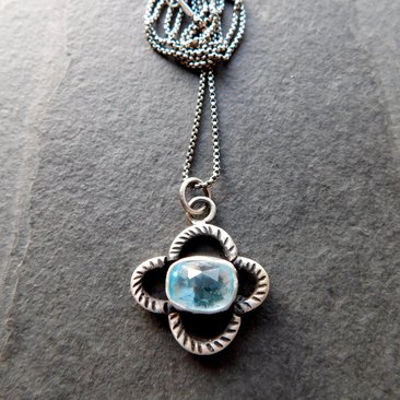 Baby Blue Rosecut Aquamarine Stone Oxidized Sterling Silver Textured Quatrefoil Pendant Necklace