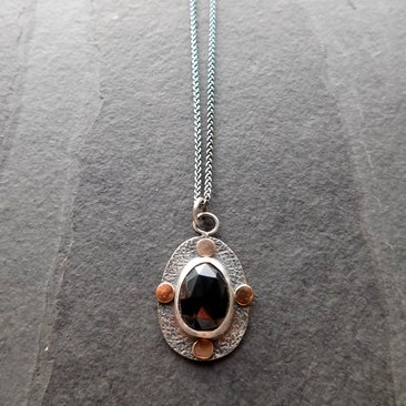 Black Spinel Rosecut Stone Textured Sterling Silver 14K Gold Mixed Metal Pendant Necklace