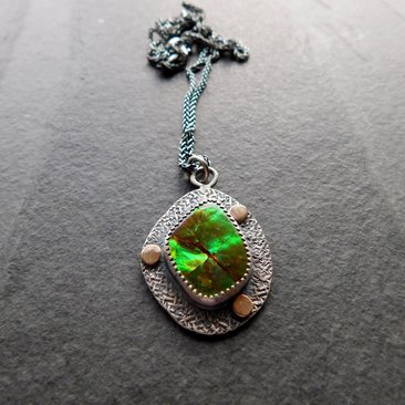 Neon Green Orange Flash Ammolite Oxidized Sterling Silver 14K Gold Textured Pendant Necklace