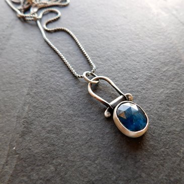 Neon Blue Rosecut Kyanite Oxidized Sterling Silver Hinge Pendant Necklace