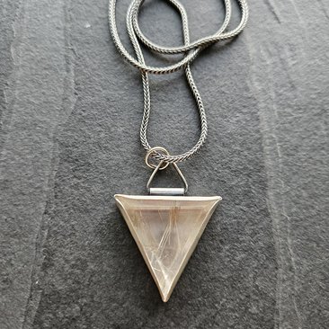 Triangle Rutilated Quartz Oxidized Sterling Silver Hinge Bail Pendant Necklace