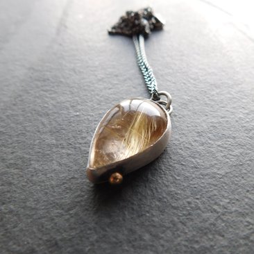 Teardrop Golden Rutilated Quartz Oxidized Sterling Silver 14K Gold Accent Pendant Necklace