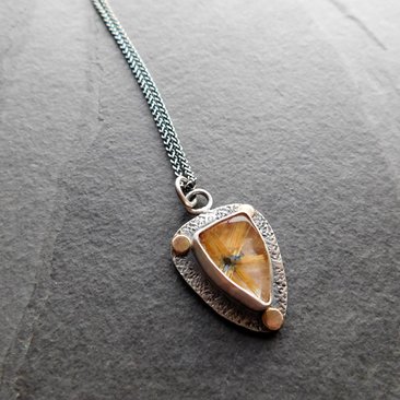 Golden Star Rutilated Quartz Textured Sterling Silver 14K Gold Shield Pendant Necklace