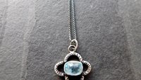 Baby Blue Rosecut Aquamarine Stone Oxidized Sterling Silver Textured Quatrefoil Pendant Necklace