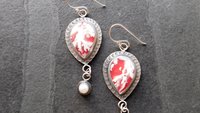 Red White Feather Plume Agate Doublet Freshwater Pearl Dangle Stamped Sterling Silver Earrings