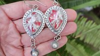 Red White Feather Plume Agate Doublet Freshwater Pearl Dangle Stamped Sterling Silver Earrings
