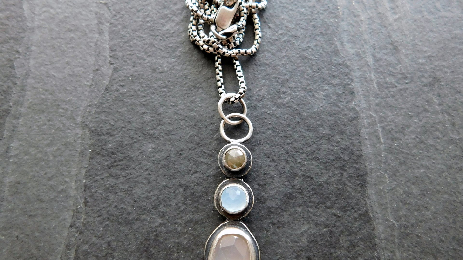 Grey Moonstone Aquamarine Grey Diamond Multi Stone Oxidized Sterling Silver Pendant Necklace