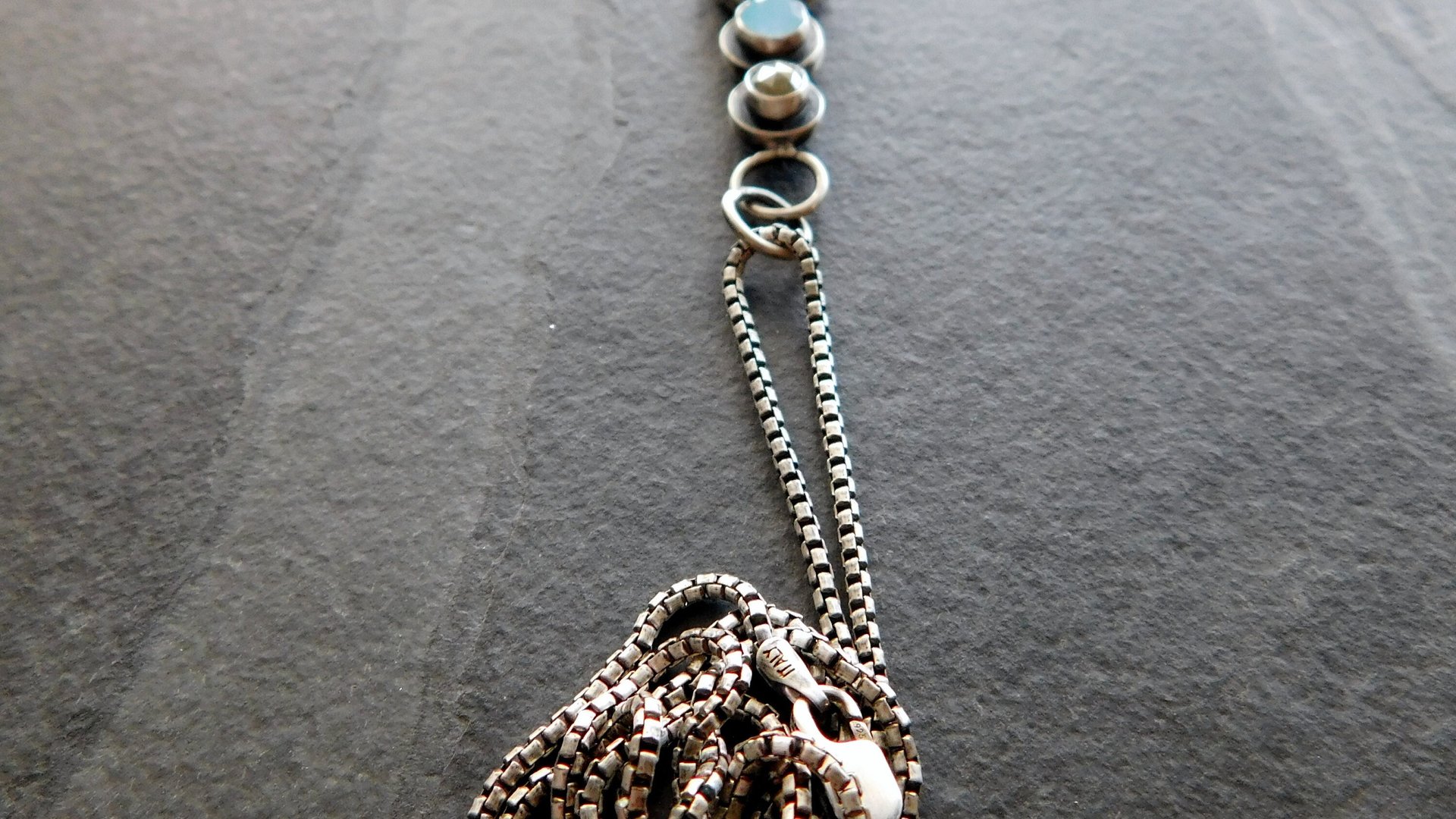 Grey Moonstone Aquamarine Grey Diamond Multi Stone Oxidized Sterling Silver Pendant Necklace