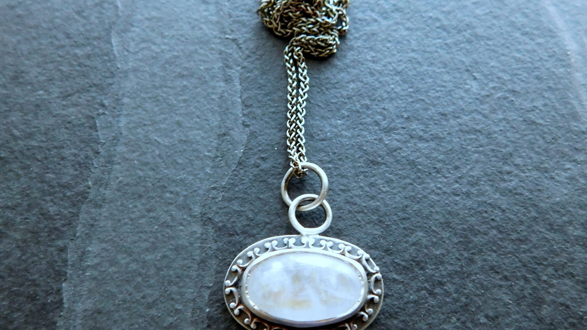 Rainbow Moonstone Sterling Silver Ornate Patterned Wire Pendant Necklace