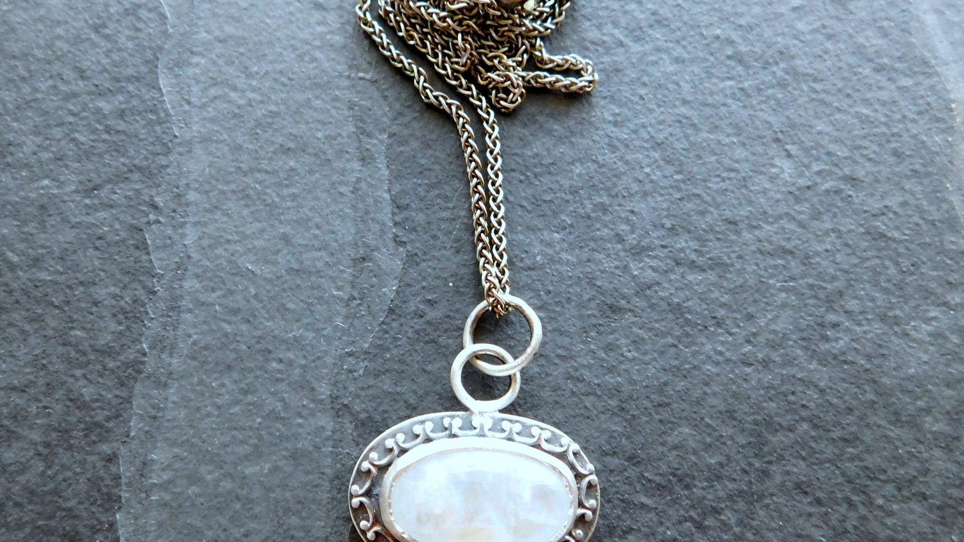 Rainbow Moonstone Sterling Silver Ornate Patterned Wire Pendant Necklace