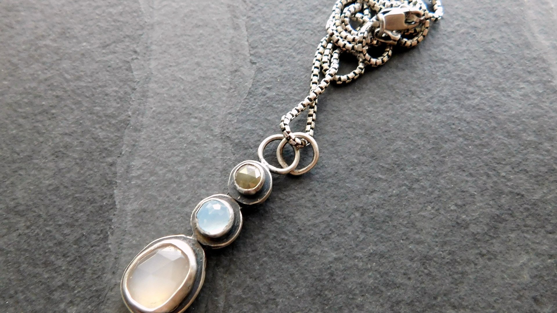Grey Moonstone Aquamarine Grey Diamond Multi Stone Oxidized Sterling Silver Pendant Necklace