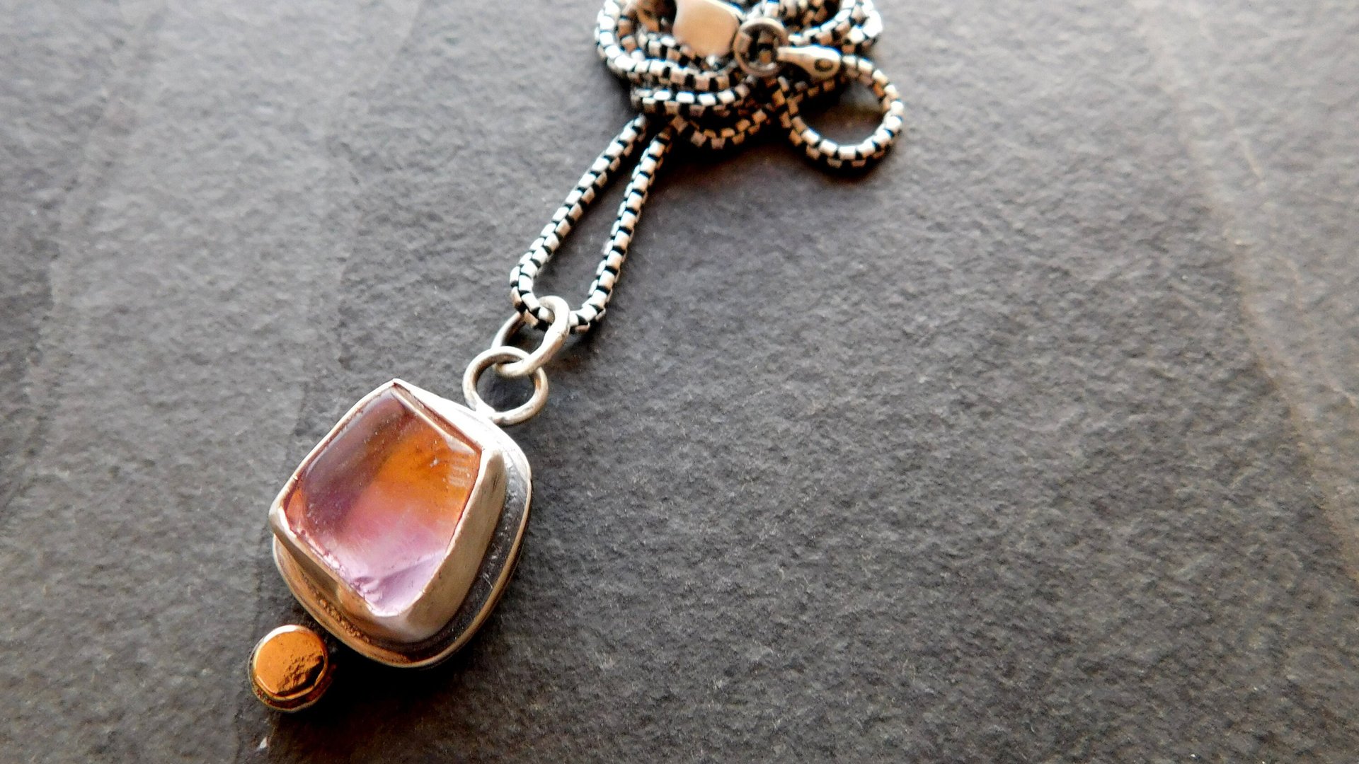 Raw Mineral Ametrine Nugget 14K Gold Dot Oxidized Sterling Silver Minimalist Pendant Necklace