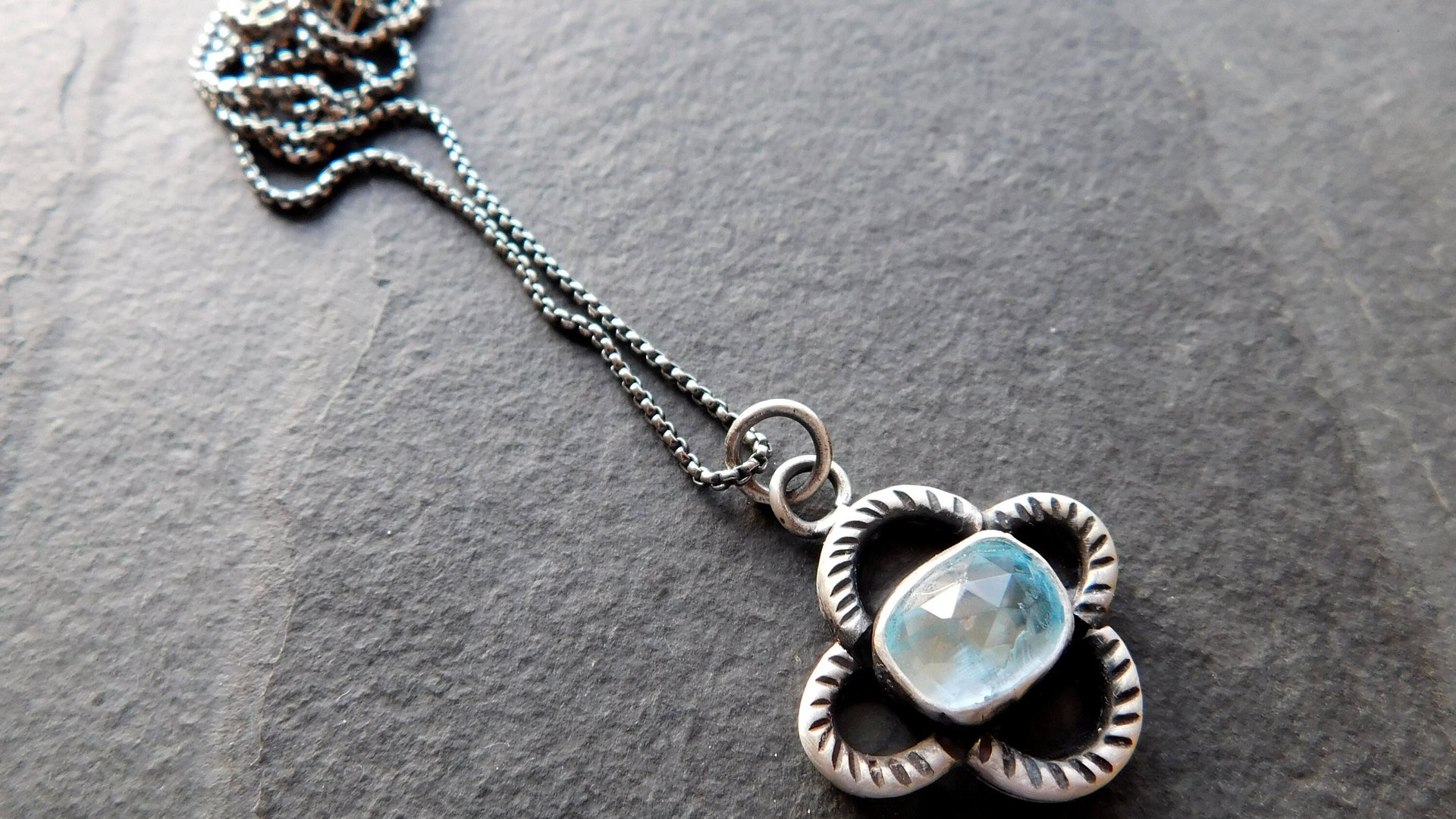 Baby Blue Rosecut Aquamarine Stone Oxidized Sterling Silver Textured Quatrefoil Pendant Necklace