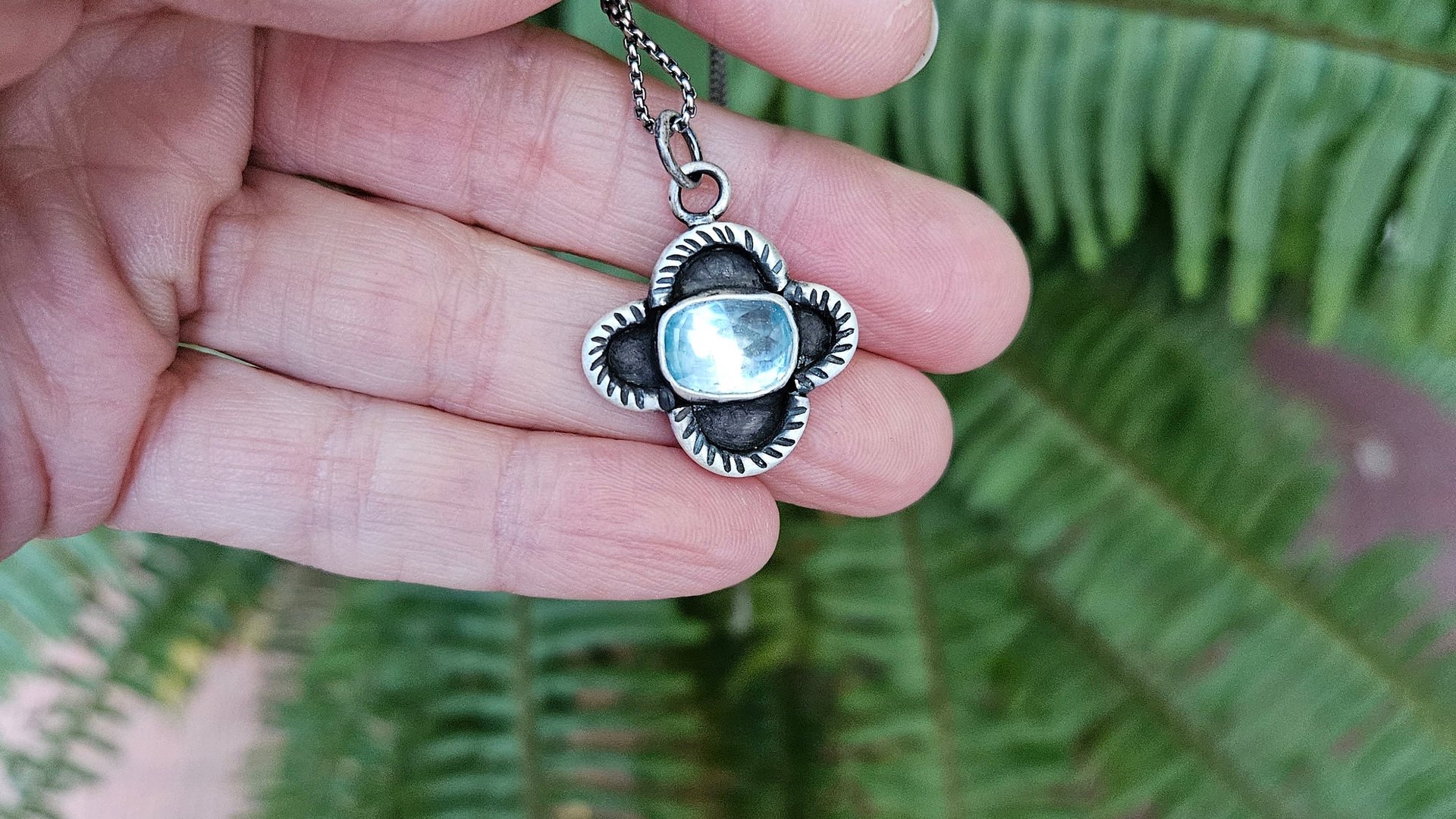 Baby Blue Rosecut Aquamarine Stone Oxidized Sterling Silver Textured Quatrefoil Pendant Necklace