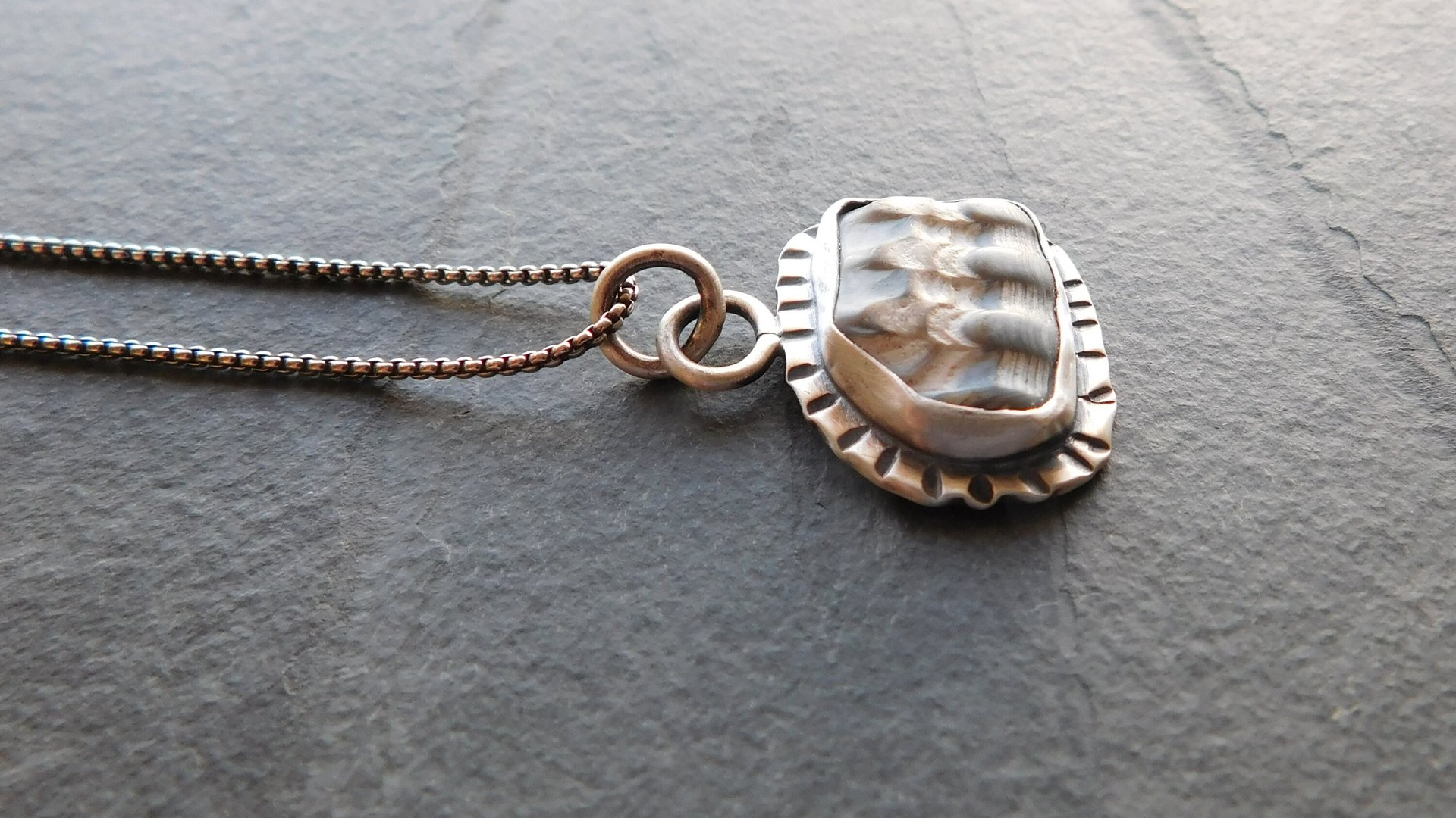Fossil Clam Shell Sterling Silver Stamped Beach Pendant Necklace