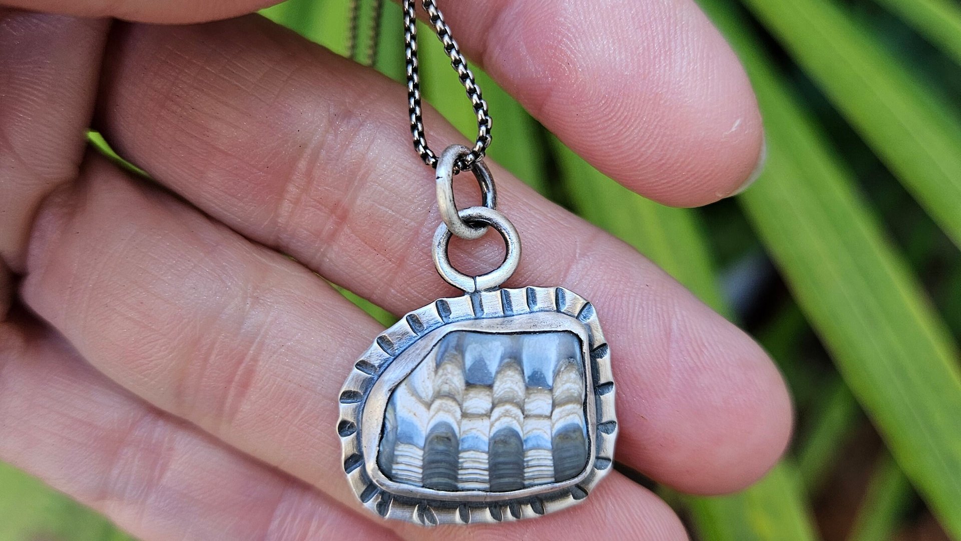Fossil Clam Shell Sterling Silver Stamped Beach Pendant Necklace